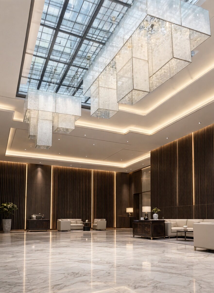 Hotel lobby with cascading custom chandeliers — Wonlaidon project reference